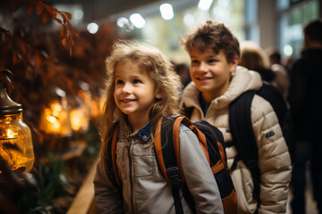 Boy and girl little pupils classmates school children together in the school background. Start of new academic year, school education concept. AI Generative