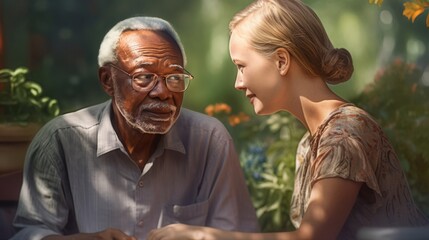 Fototapeta premium Elderly African-American man and blonde girl sitting in a blooming park on a sunny day