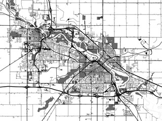 Greyscale vector city map of  Waterloo Iowa in the United States of America with with water, fields and parks, and roads on a white background.