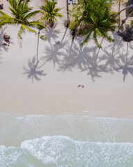 a couple of men and woman walking at White Beach Koh Kood Island Thailand Trat, drone aerial view of a tropical beach with hanging palm trees and a turqouse colored ocean on a sunny day, Ko Kut Island
