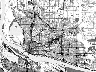 Greyscale vector city map of  Vancouver Washington in the United States of America with with water, fields and parks, and roads on a white background.