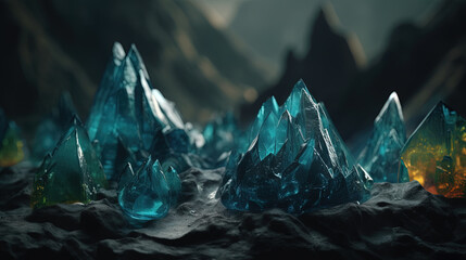 Science fiction landscape with glass mountains. Alien planet with melted glass rocks.