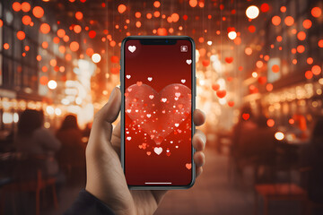 A hand holding a mobile phone with a heart on the screen, symbolizing the search for love through dating apps and virtual relationships, emphasizing connection in the digital age.