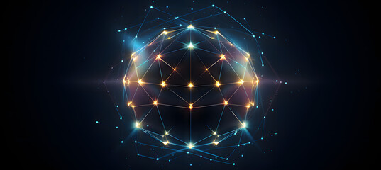 An illuminated sphere with points, symbolizing a global network and digital communication in the realm of technology and data.