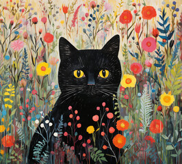 Painting of a cat siting in the flowers
