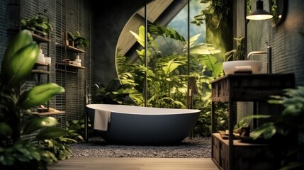 Modern bright bathroom and a variety of green plants of deep forest style.