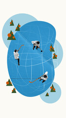 Men in sportswear playing hockey on ice around trees. Doodles. Leisure time. Contemporary art collage. Concept of winter season, holiday, sport, joy and fun, vacation. Poster, ad.