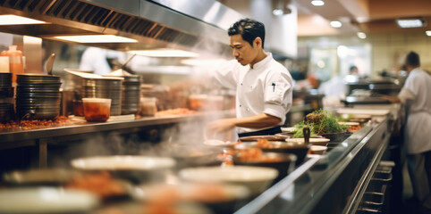 Fototapeta na wymiar Chef preparing food, Busy Japanese restaurant, Staff in motion.