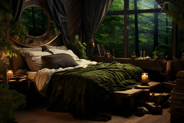 Forest bedroom natural style, green, life in nature interior design resort inspiration.