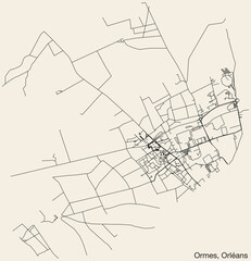 Detailed hand-drawn navigational urban street roads map of the ORMES NEIGHBOURHOOD of the French city of ORLÉANS, France with vivid road lines and name tag on solid background