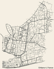 Detailed hand-drawn navigational urban street roads map of the ORLÉANS-4 CANTON of the French city of ORLÉANS, France with vivid road lines and name tag on solid background