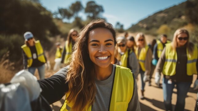 Group of volunteers volunteering and cleaning up trash and plastics to recycle from park.