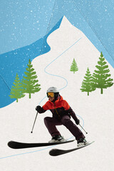 Young woman on skis in mountains going down the hill. Active hobby. Contemporary art collage. Concept of winter season, sport, holiday, happiness, joy and fun, vacation. Poster, ad
