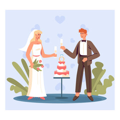 Happy bride standing near groom, holding glasses with champagne, celebrating marriage. Wedding postcard concept. Flat vector illustration in cartoon style in blue and red colors