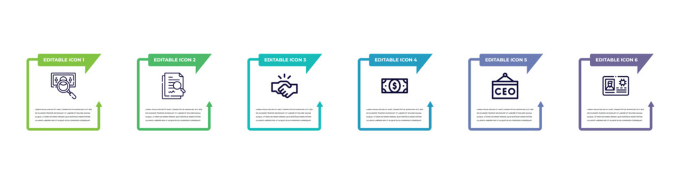 Men Shaking Hands, Boss Reading A Document, Statistics Presentation, American Dollar Bill, Bussines Briefcase, Globe Analytics Outline Icons. Editable Vector From Business Concept. Infographic