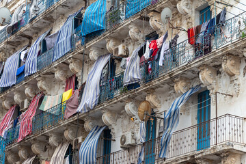 Typical French colonial white 19 th century Renaissance facade of a residential building in...