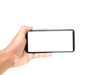 Male hand holding a white screen horizontally on a white background business idea.