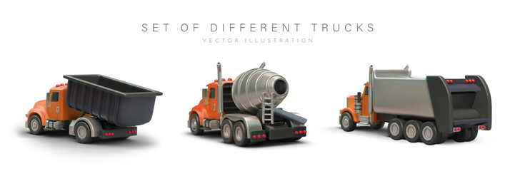 Set of 3D trucks with orange cab, rear view. Industrial trucks with different body types. Dump truck, concrete mixer, garbage truck. Realistic isolated image on white background