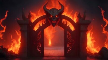 地獄の門、燃え盛る炎｜Gates of hell, blazing flames. Generative AI - obrazy, fototapety, plakaty