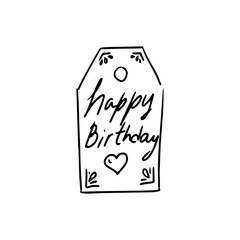 Price tag with  text on a white background. Happy Birthday banner, label, tag, sticker. Hand drawn doodle illustration.