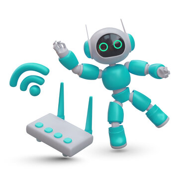 Funny realistic robot, router, wifi signal symbol. Wireless communication. Vector composition in cartoon style. Internet provider advertisement, ISP. Chatbot, online support
