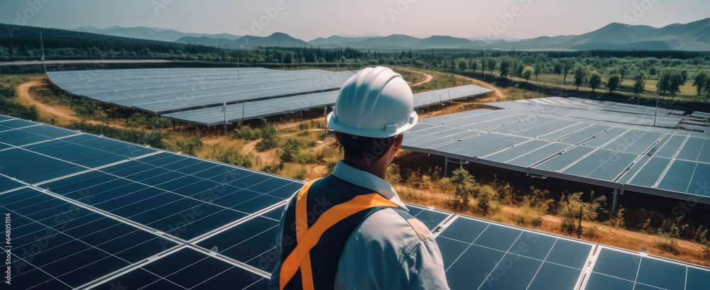 Poster engineer working with digital tablet in solar power station.