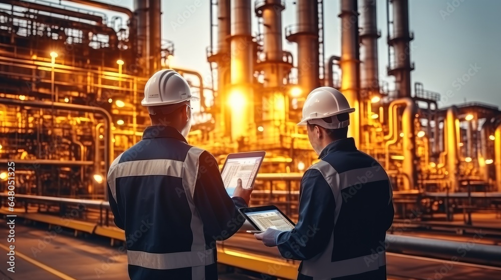 Poster Two engineers with tablet computers remote testing of the functionality of oil refinery components.