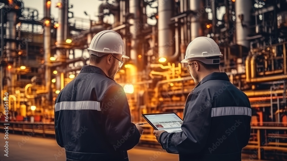 Aufkleber Two engineers with tablet computers remote testing of the functionality of oil refinery components.