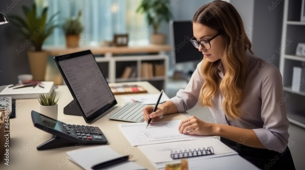 Sticker Female accountant working about financial with calculator at her office, Savings, Finances and economy concept.