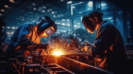Man wearing helmets and doing welding, heavy-duty industry and manufacturing plant, Iron and metal industry workers, Welding job.