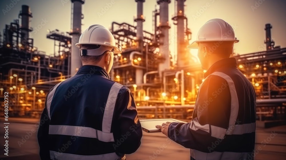 Poster two workers using a tablet remote inspection and performance testing at oil refinery, oil production