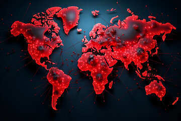 A detailed world map where regions affected by virus outbreaks are illuminated, providing a stark visual of affected areas