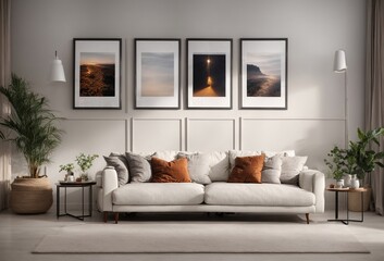 Posters and frames on a gray wall with a white sofa. Stylish living room interior design