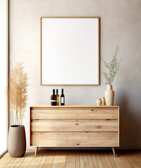 Wooden cabinet, dresser against concrete wall with empty blank mock up poster frame with copy space. Scandinavian home interior design of modern living room.