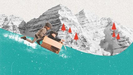 Playful happy kids, boys playing on ice lake. Active games. Mountain background. Contemporary art collage. Concept of winter season, holiday, happiness, joy and fun, vacation. Poster, ad. Banner