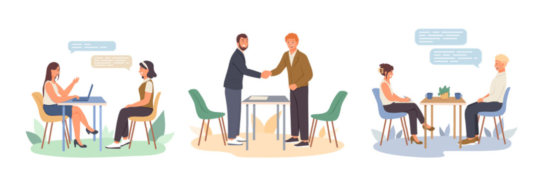 Man and woman on interview talking with HR. Males shaking hands. Process of talking with candidates. Human resource management representatives. Vector flat illustration