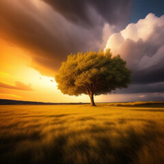 Fototapeta premium Storm clouds over grassland with isolated tree. Generative AI