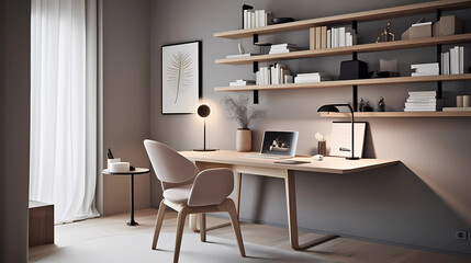 A modern home office space with a minimalist design approach, set against the backdrop of a serene morning. Clean lines and muted colors dominate the scene, with a sleek wooden desk taking center stag