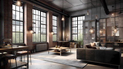 ndustrial-style loft apartment. Exposed brick walls and metal beams contrast with modern furniture. Large windows reveal a cityscape, and pendant lights hang from the high ceiling. - obrazy, fototapety, plakaty