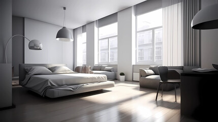 Fototapeta na wymiar minimalist studio apartment. Every piece of furniture and decor serves a purpose, embodying the 