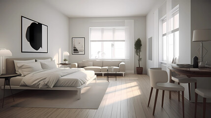 Naklejka na ściany i meble minimalist studio apartment. Every piece of furniture and decor serves a purpose, embodying the 