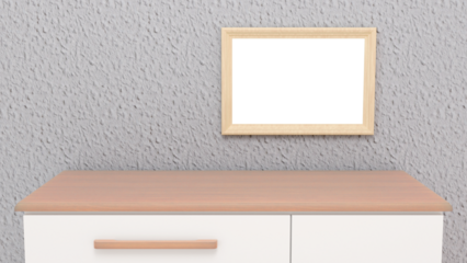 A scene in a room for inserting objects. Blank photo frame on the wall above the chest of drawers. Mockup. Isolate. 3D render.