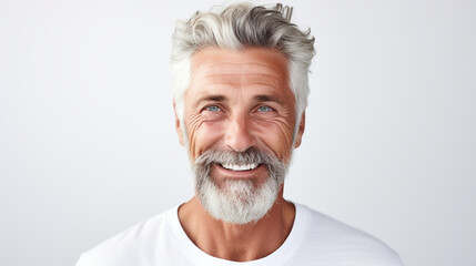Phot portrait of a handome mature man smiling with clean teeth for a dental ad on white background