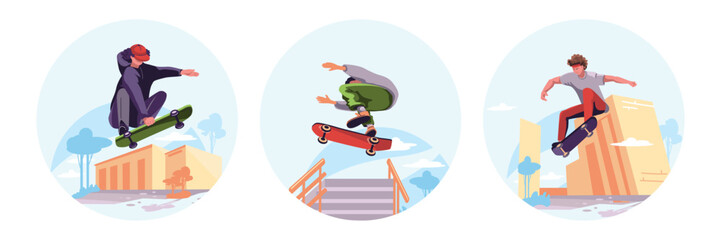 Outdoor recreational activities. Skateboarder silhouette in maneuver sequence. Collection of different men performing various sports activities. Flat vector illustration in cartoon style