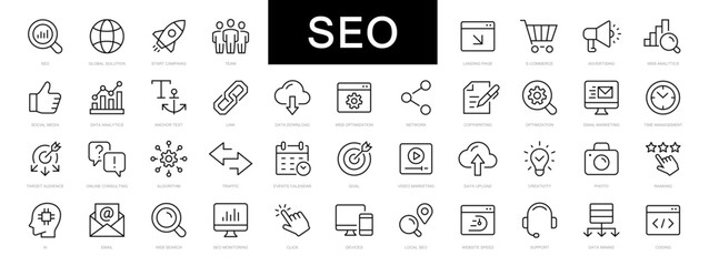 SEO - Search Engine Optimization thin line icons set. SEO icon collection. Web Development and Optimization icons. Search symbol. Editable stroke icons. Vector