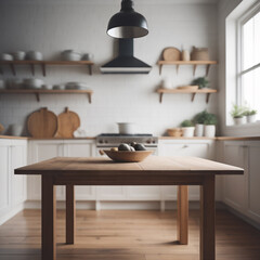 Fototapeta na wymiar Interior of modern kitchen with wooden table and grey walls. 3d rendering