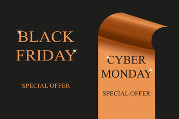 Template for trendy Black Friday and Cyber Monday banner cover with window paper. Horizontal Design of luxury Black friday poster with spotlight. Advertising concept. Vector illustration.