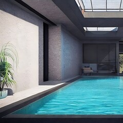 rechteckiger Pool mit blauem Wasser in modernem urbanen Haus