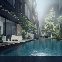 Pool in urbaner Umgebung einer Häuserschlucht