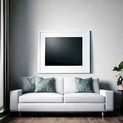 Interior of modern living room with white sofa and blank picture frame.